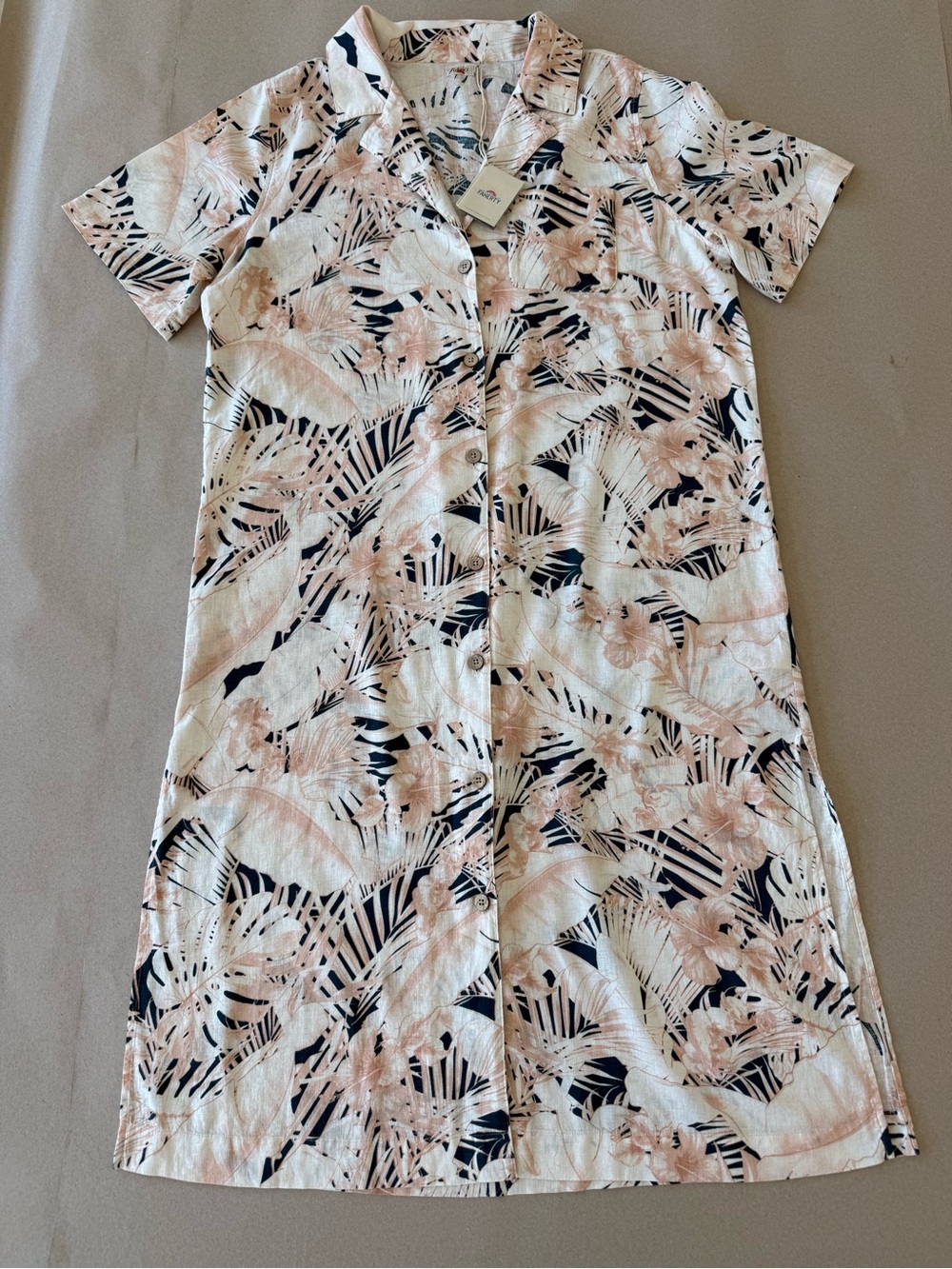 Faherty — Linen Midi Shirt Dress with Navy & Blush Tropical Print — Size XL